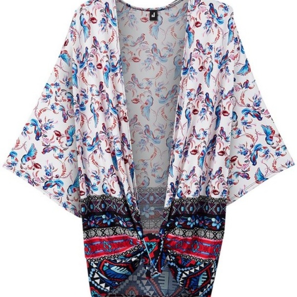 New Blue Pink Floral Kimono Cover Up Cardigan Top - Picture 2 of 2